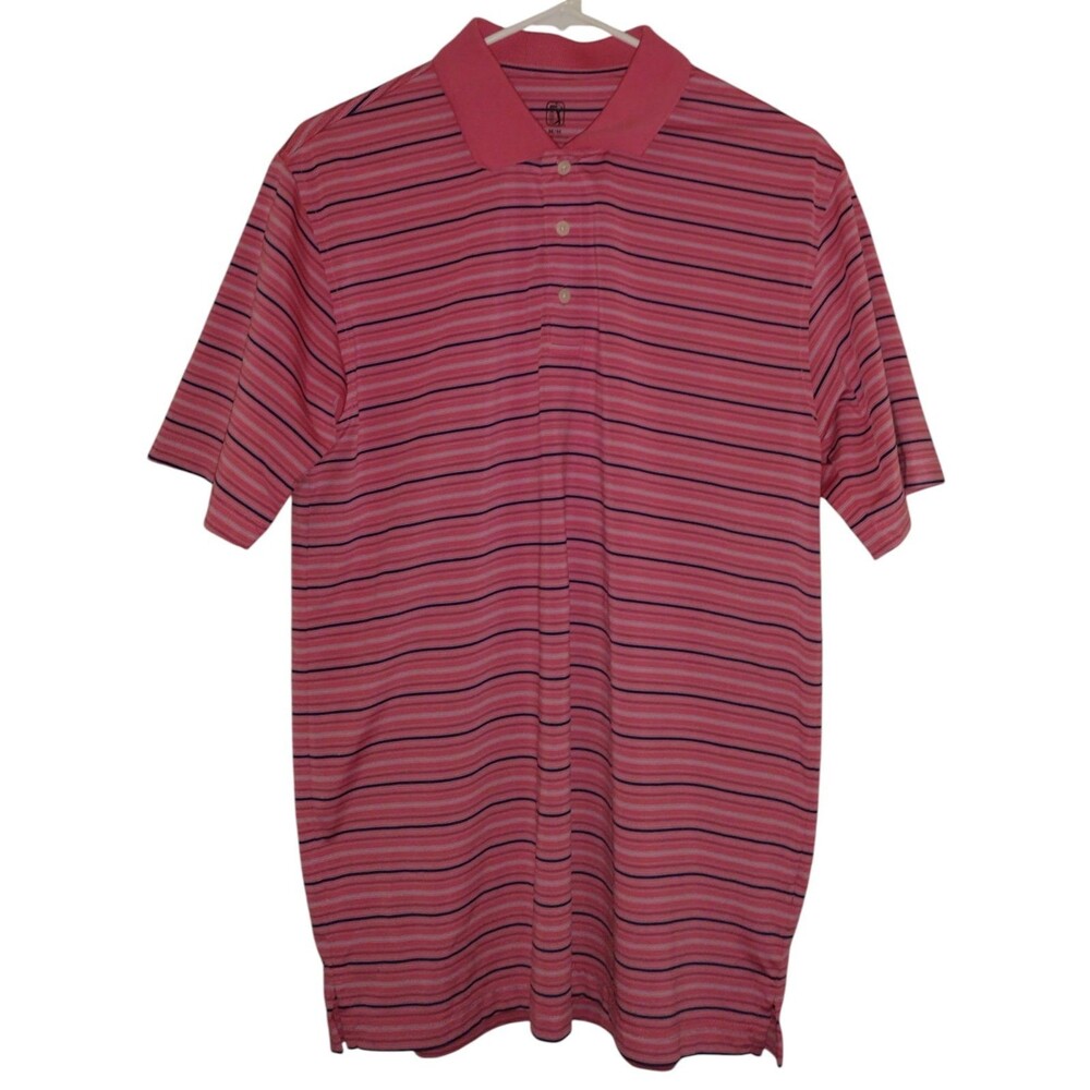 PGA Tour Men's Polo Shirt Size Medium Pink Striped 3 Button Short Sleeve